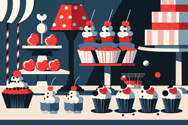 Fourth of July dessert table with red white blue cupcakes treats cake Minimalistic illustration