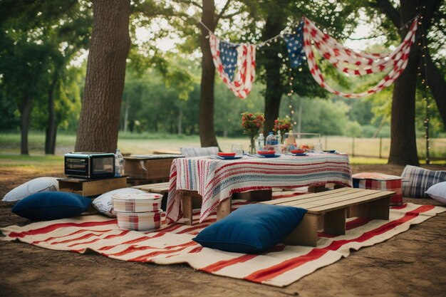 Photo fourth of july picnic setup with flag decorati 4th july american independence day