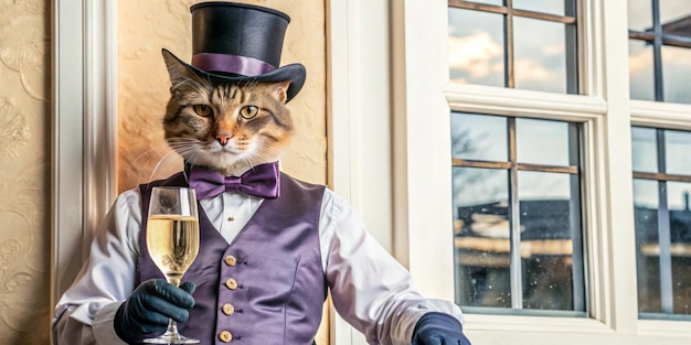 Photo the fox adorned with an elegant top hat a crisp white shirt a vibrant purple bowtie