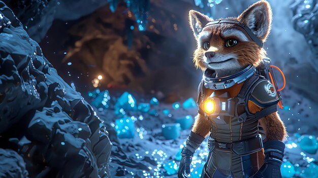 Photo fox in an astronaut suit exploring an alien cave filled with glowing crystals