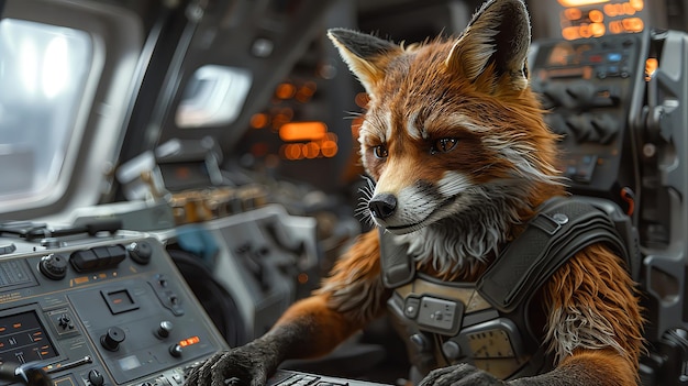 Photo fox in an astronaut suit inside a futuristic spaceship control room with a view of outer space