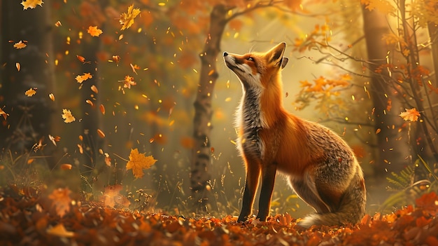 a fox in the autumn forest with leaves and a fox