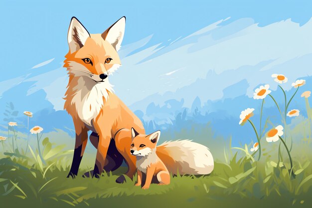 Photo a fox and baby fox sitting in grass