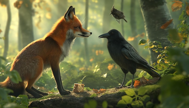 a fox and a bird in the woods with the sun shining through the trees