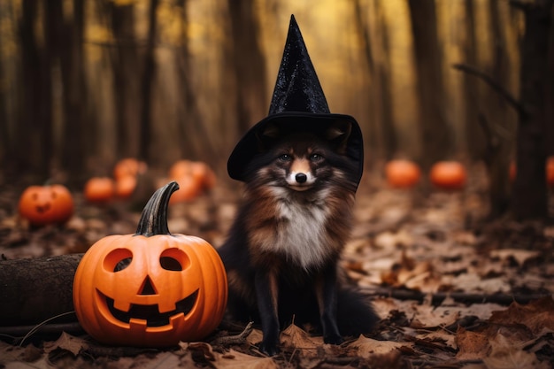 Fox In Black Witch Hat Sits In The Fall Woods Next To Halloween Pumpkin