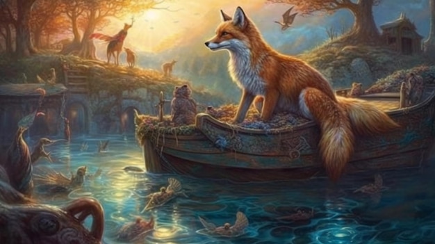 A fox in a boat with fish on it