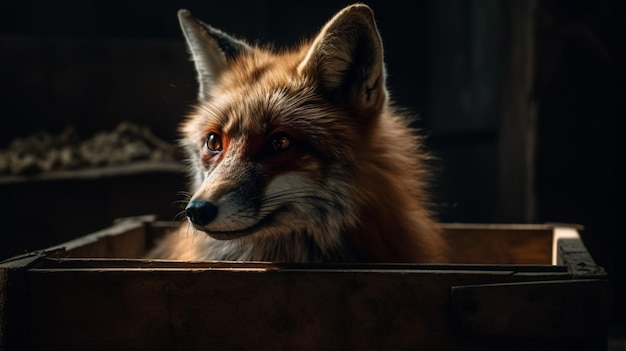 A fox in a box with the word fox on the front