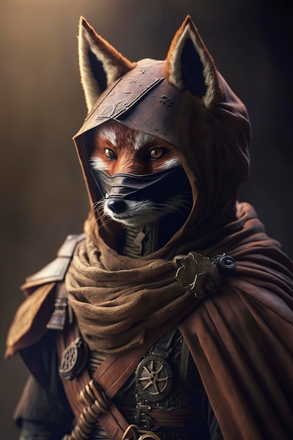 fox character wearing ninja style clothes, using samurai sword, ai creative