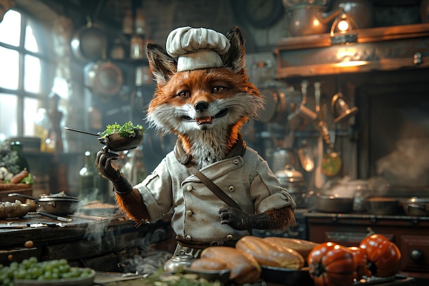 Photo a fox chef in the kitchen