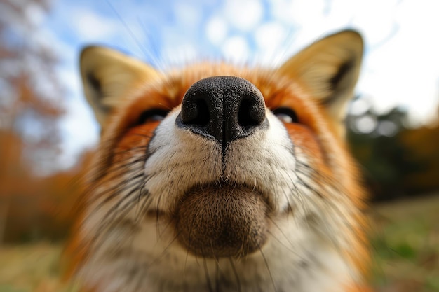 Photo fox close up portrait fun animal looking into camera fox nose wide angle lens