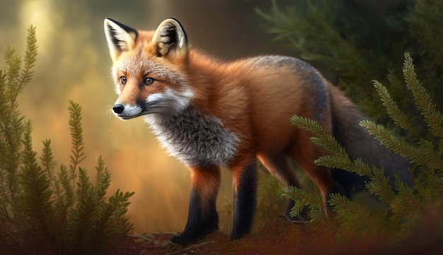 A fox crimson and fluffytailed ambles across a forest of saplings