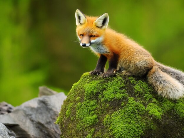 A fox cub perched atop a mossy boulder surveying its surroundings