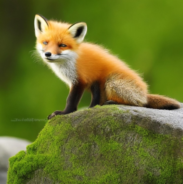 A fox cub perched atop a mossy boulder surveying its surroundings