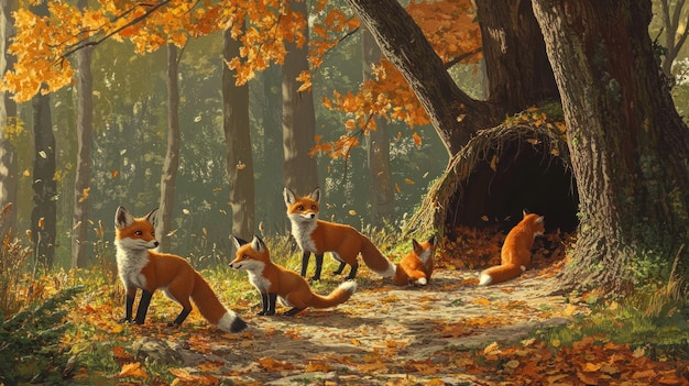 Photo fox family in autumn forest