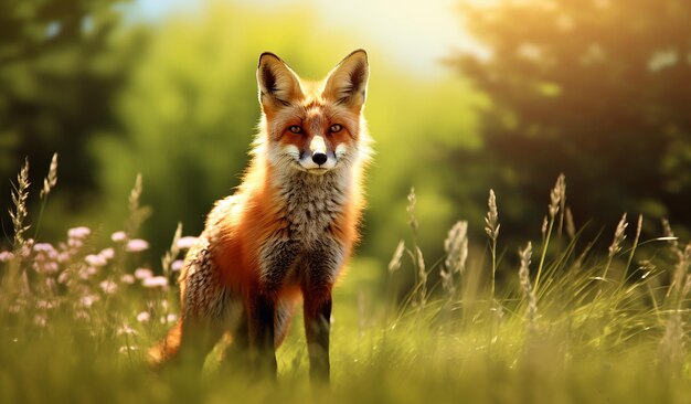 Photo a fox in a field of grass with the sun behind it