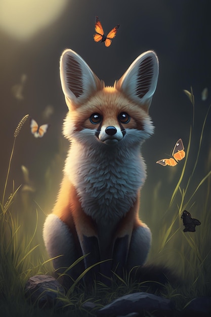 A fox in a field with butterflies