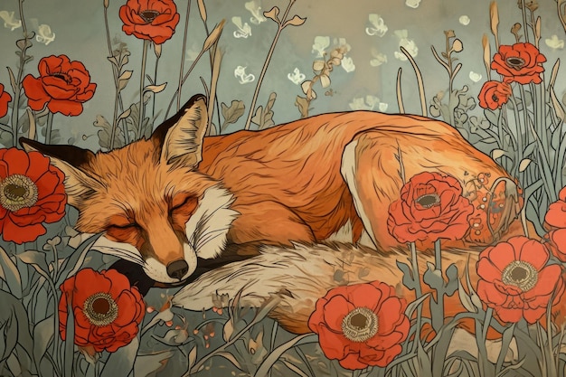 Fox and flowers fox art wildlife