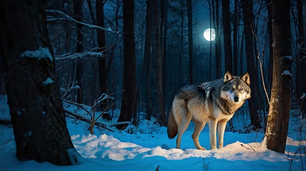 A fox in the forest in winter with nice sunlight in the snowy field