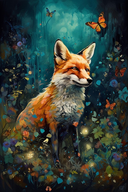 A fox in a forest with butterflies