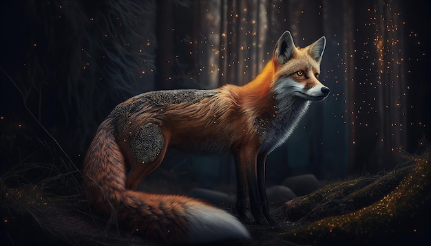 A fox in a forest with a fire in the background