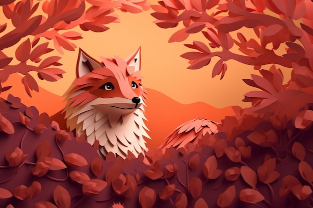 A fox in a forest with leaves and a mountain in the background.