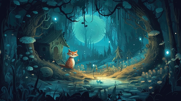 A fox in a forest with a moon behind it