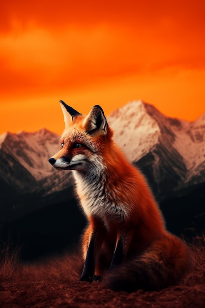 A fox in front of a mountain