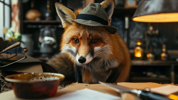 Photo a fox in a hat looking attentively at something offcamera