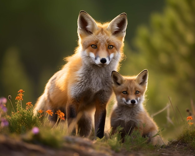 a fox and her cub sit in a field of flowers