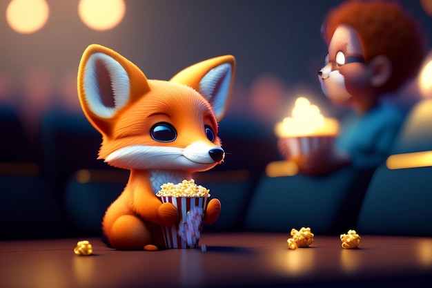 A fox is eating popcorn and a man is watching him.