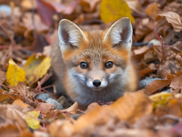 A fox is half hidden in the vegetation