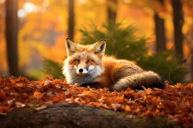 a fox is laying down in the woods