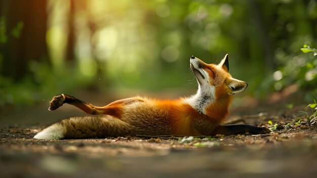 Photo a fox is laying on the ground and it is looking up at the camera