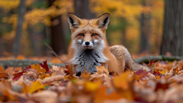 a fox is laying in the leaves of autumn