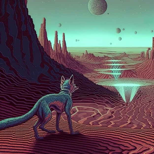 Photo a fox is looking at a planet with a star in the background