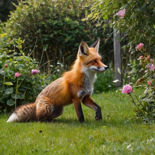 a fox is running in the grass with flowers in the background