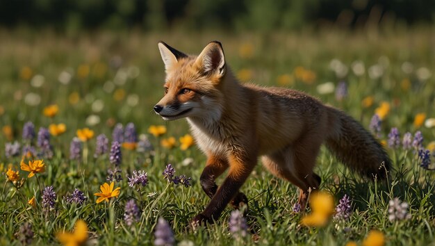 a fox is sitting in a field of purple flowers