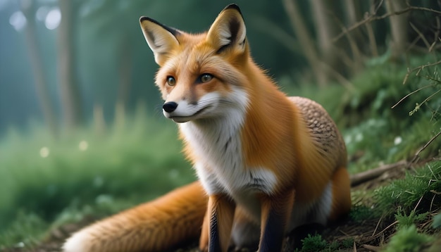 a fox is sitting on the ground in the grass