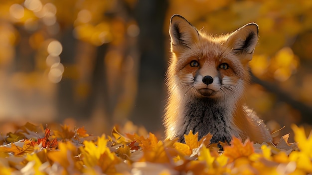 a fox is sitting in the leaves of autumn