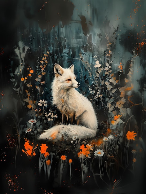 a fox is sitting in a patch of wild flowers