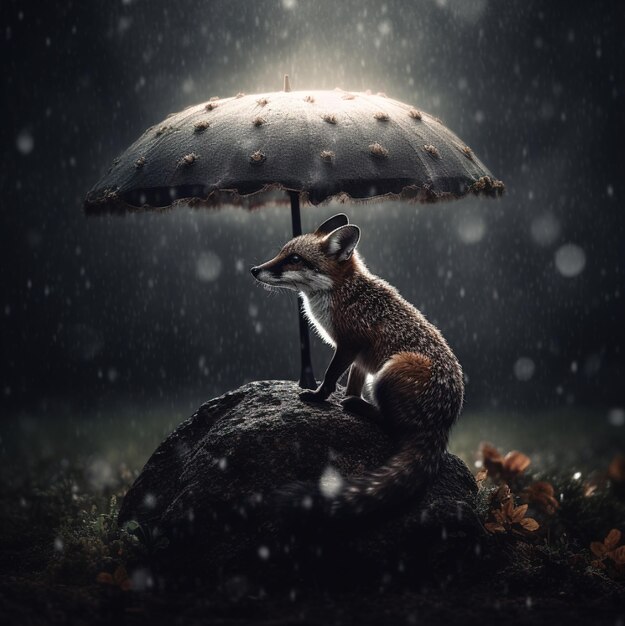 a fox is sitting on a rock under an umbrella.