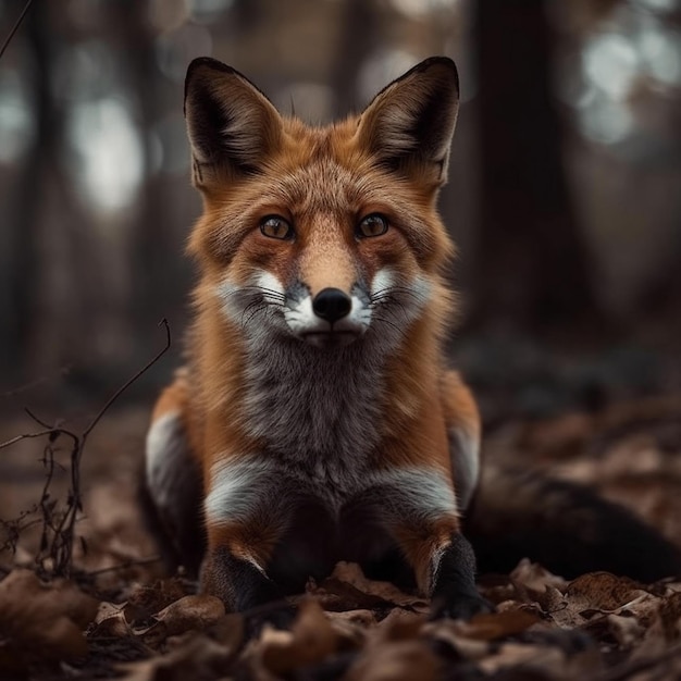 A fox is sitting in the woods and looks at the camera.