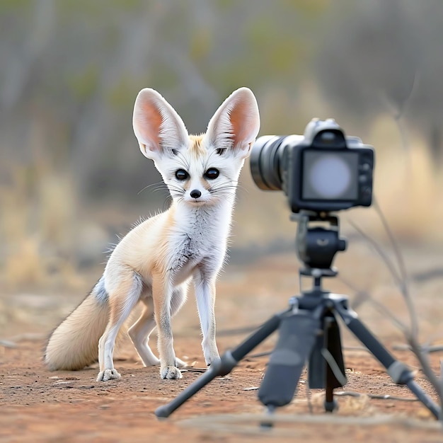 a fox is standing next to a camera with a camera on it