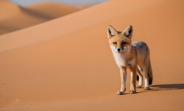 a fox is standing in the desert looking at the camera