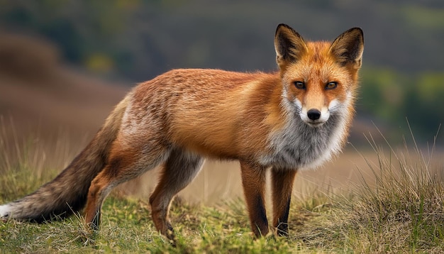 Photo a fox is standing in a field with a forest in the background