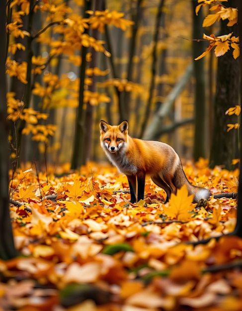 a fox is standing in the leaves of a forest with the word fox on it