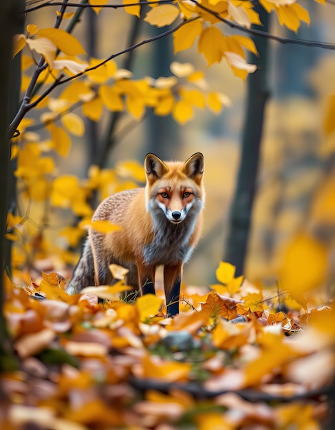 a fox is standing among the leaves and the word fox