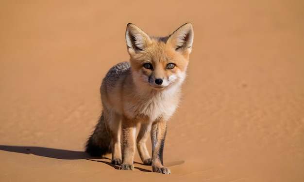 a fox is standing in the sand with a white spot on its nose