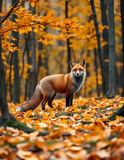 a fox is standing in the woods surrounded by autumn leaves