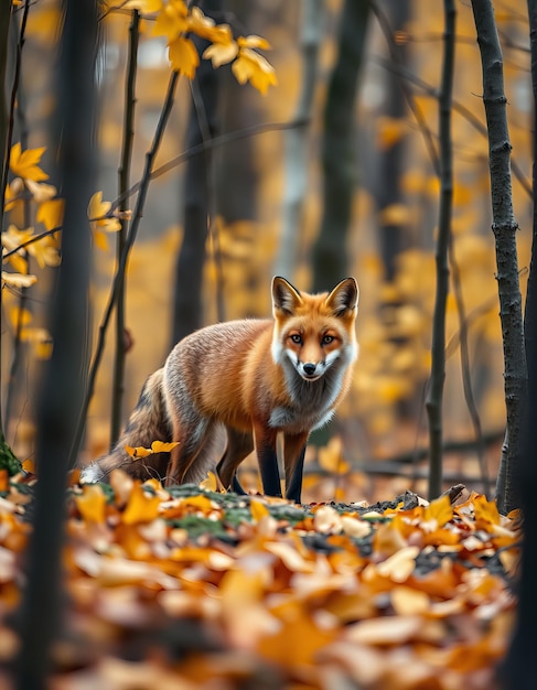 a fox is standing in the woods with leaves on the ground